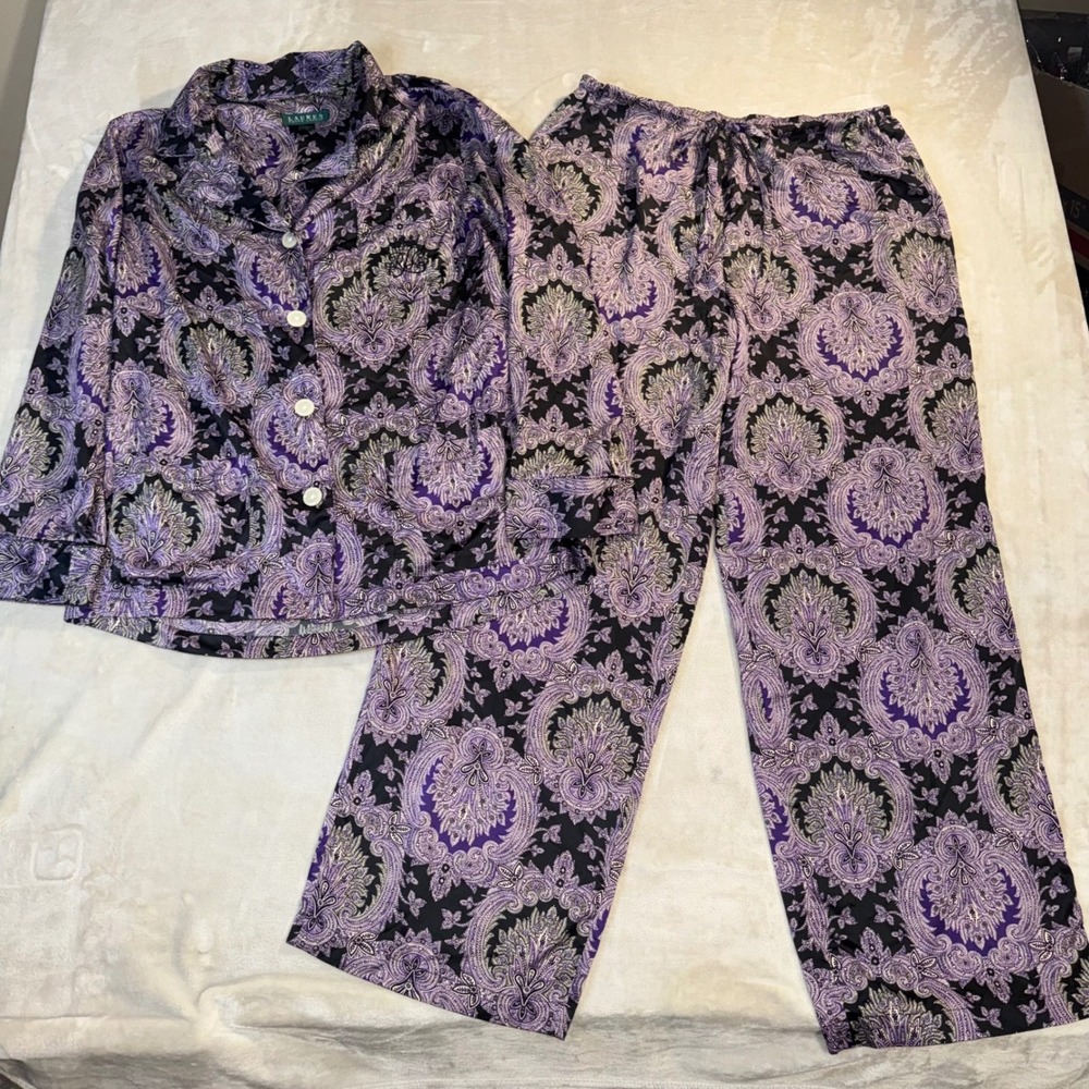 Lauren Ralph Lauren Womens Purple Paisley Satin Pajama Set 2 Piece Size L